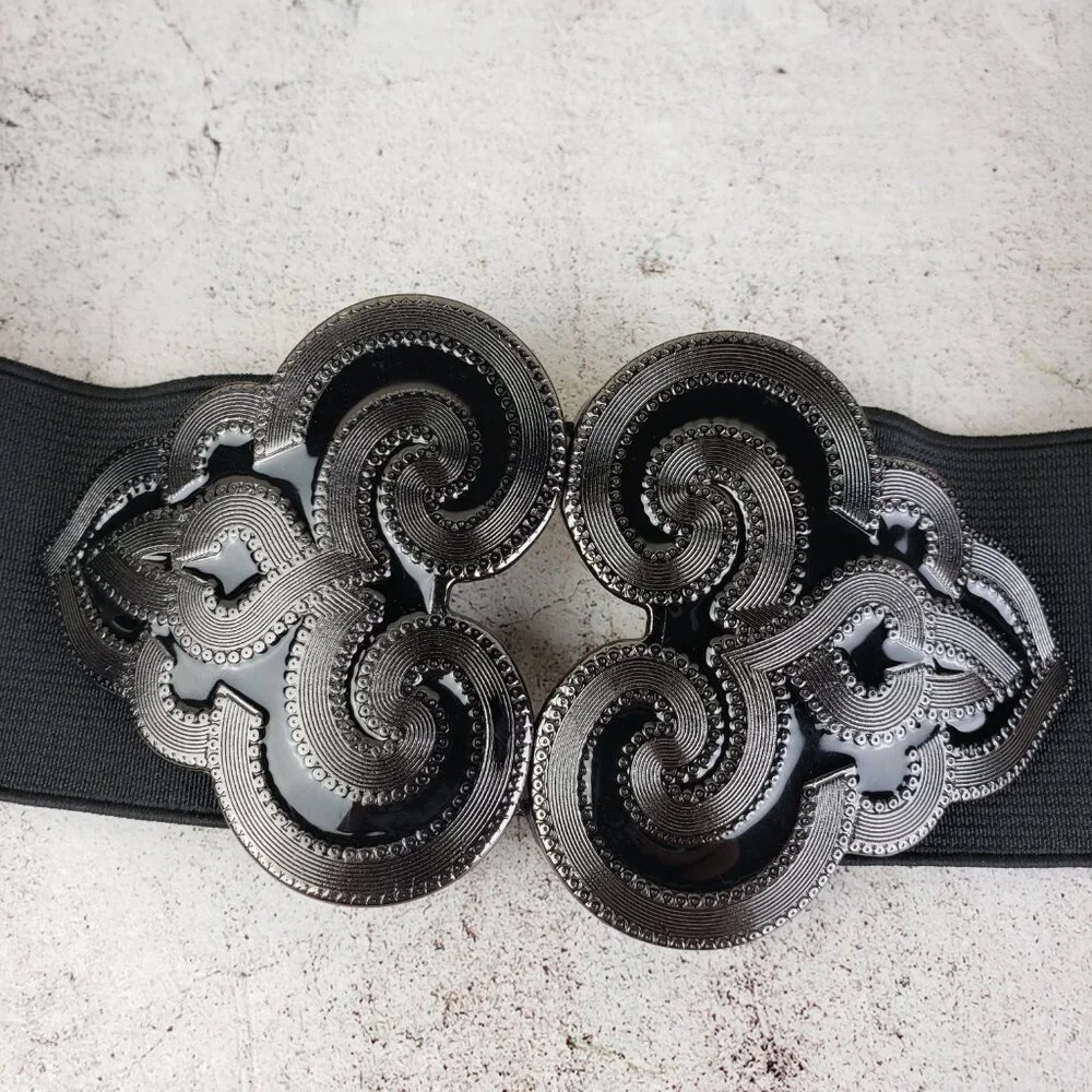 Vintage Wide Elastic Belt Enameled Buckle Boho Whimsigoth Art Deco Adjustable